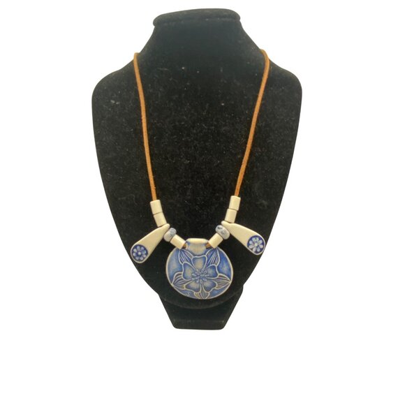 Jewelry - Blue White Ceramic Floral Pendant Necklace Adj Brown Suede Cord 24" Cottagecore